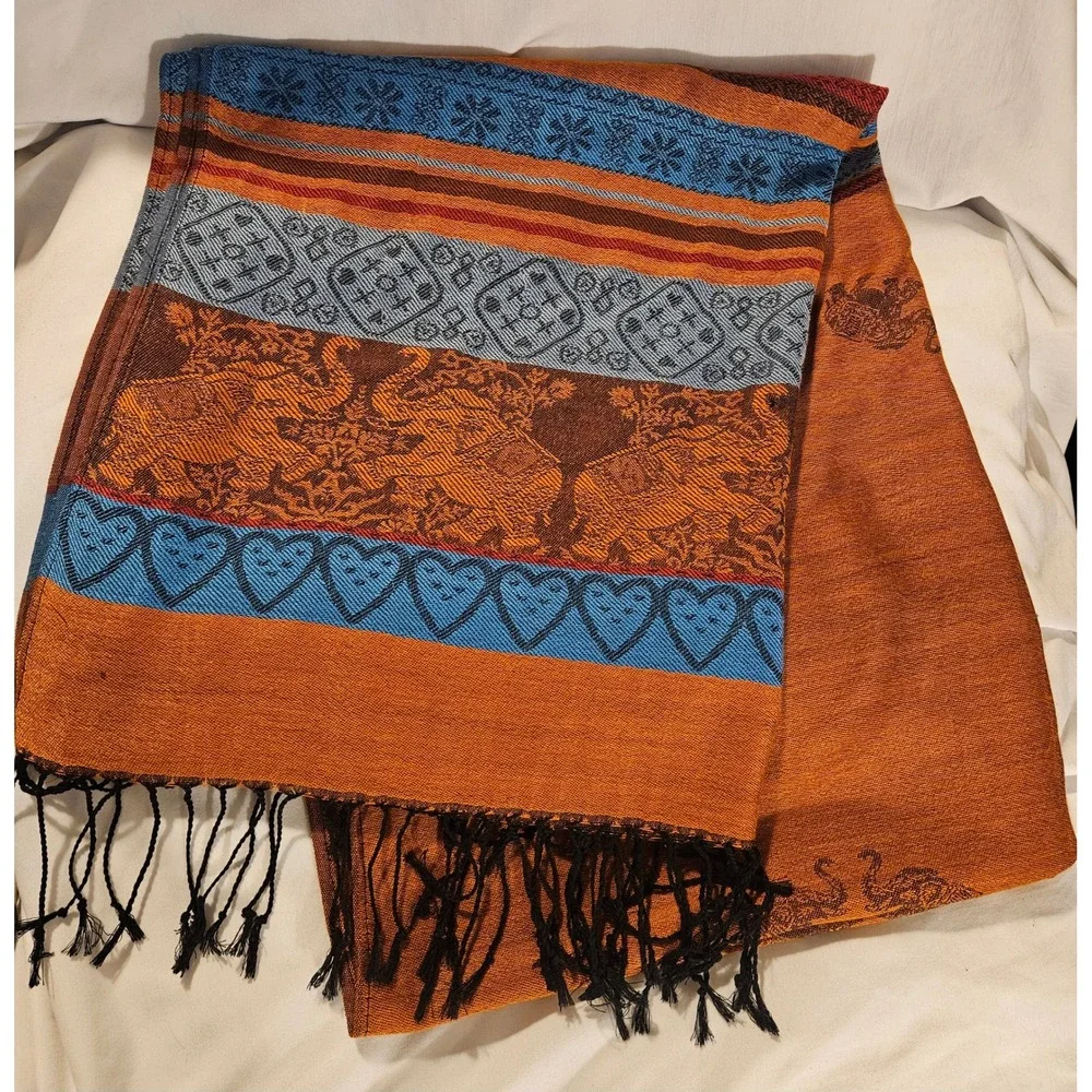 Pashmina 100% Cashmere Scarf Elephant Heart Jacquard Orange Blue Fringe Shawl